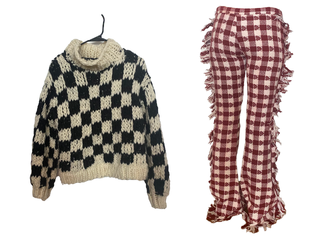 Knitted checkerboard sweater and pants
